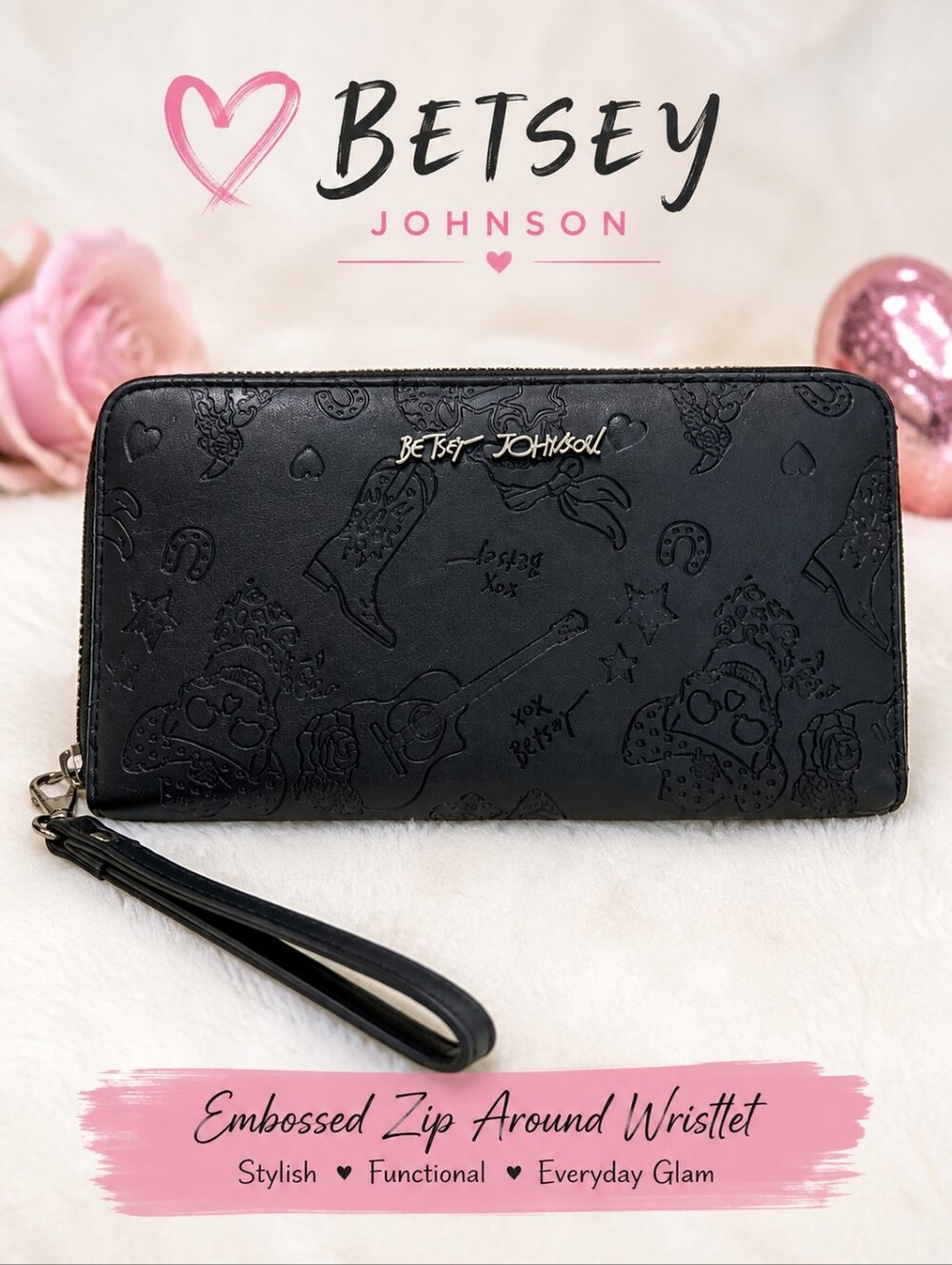 Betsey Johnson Black Western Embossed Zip Around Wallet Wristlet